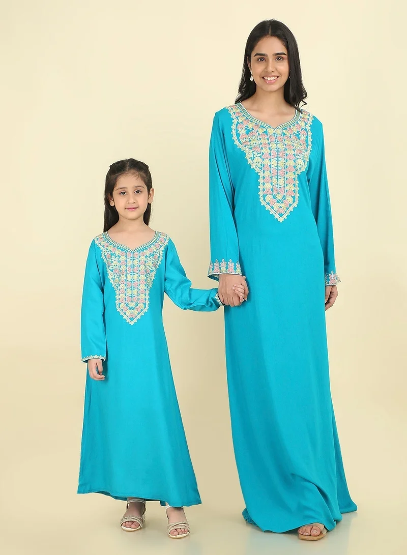 HANA & SARA Luxury Hand-Embroidered Arabic Jalabiya | Long Blue Kaftan Dress